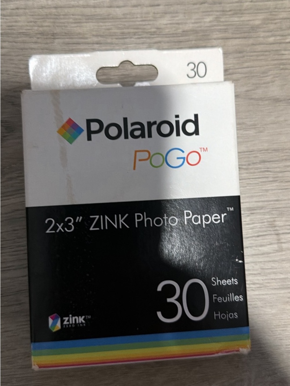 Polaroid PoGo ZINK Photo Paper Box — White & Black with Rainbow Accent